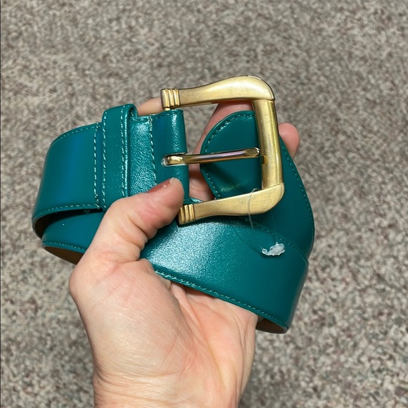 Vintage Accessories - Vintage 90s Teal Leather Belt with Gold Buckle- nwt